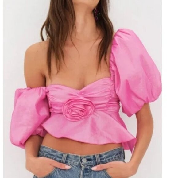 For Love And Lemons Tops - NWT FOR LOVE AND LEMONS JUDITH PINK SATIN CROPPED BLOUSE TOP SIZE S